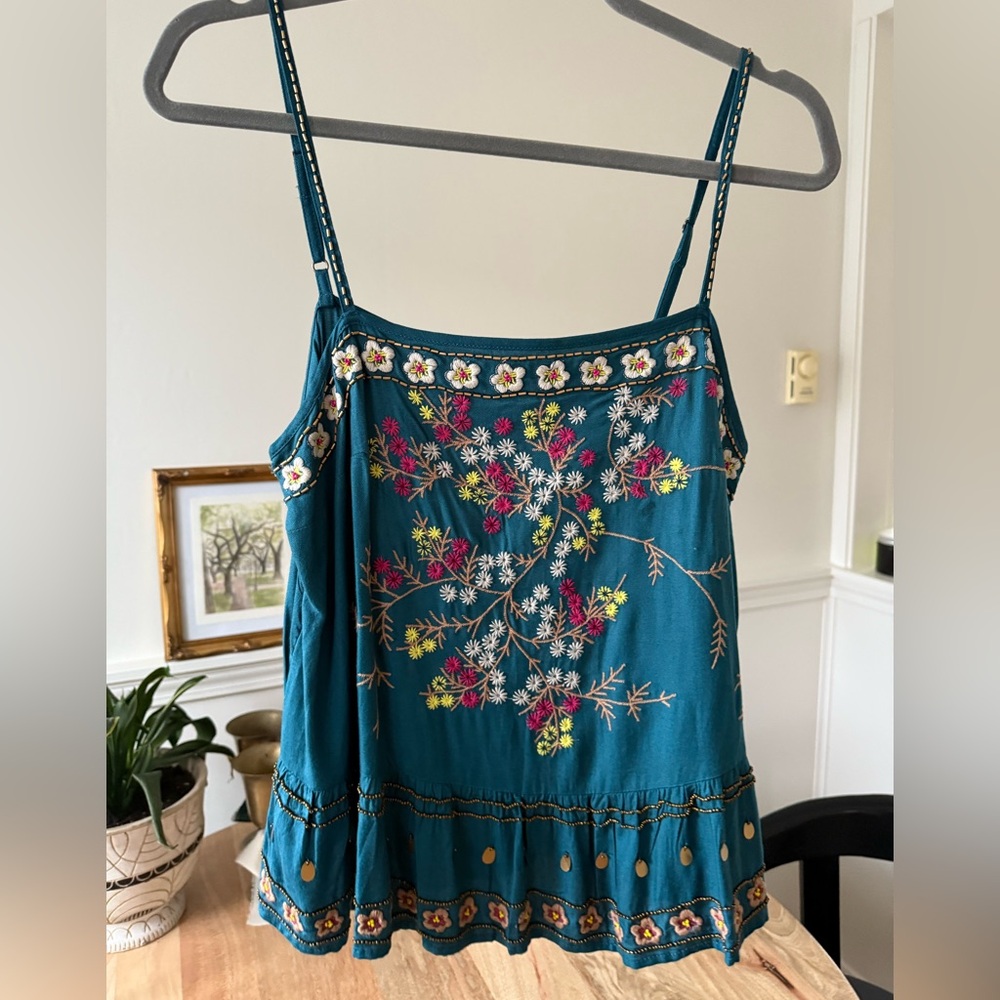 Anthropologie Floral Beaded Embroidered Teal Top - S